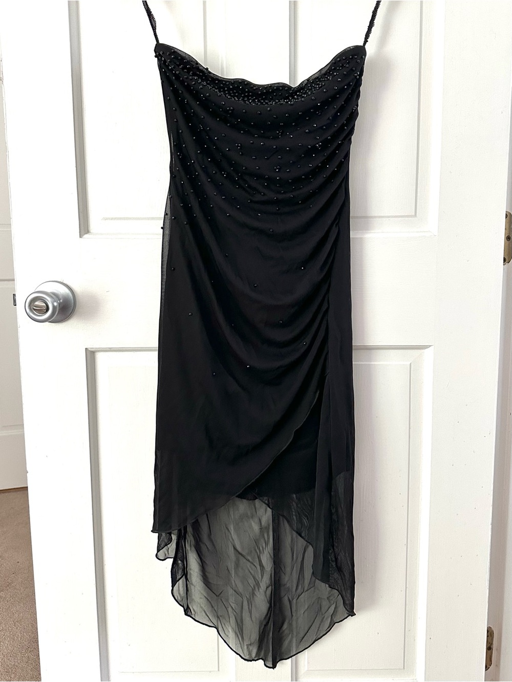 Vintage Up Front Strapless Black Beaded Mesh Asymmetrical High-Low Dress 90s Y2K